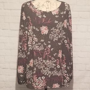 LOFT Grey and Pink Floral Long Sleeve Top, Size L